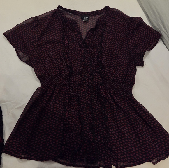 torrid Tops - Torrid Burgundy & Black Printed Ruffle Blouse